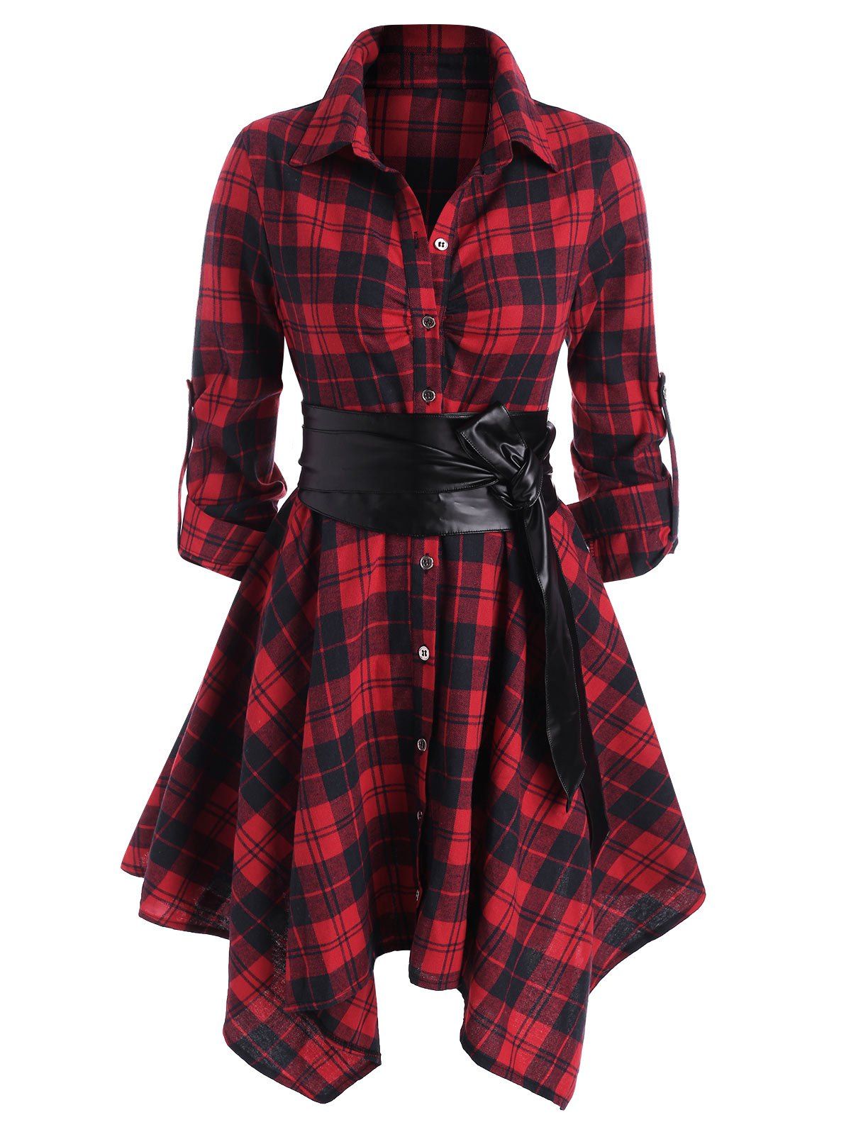 Affordable Plaid Belted Roll Tab Sleeve Handkerchief Dress  
