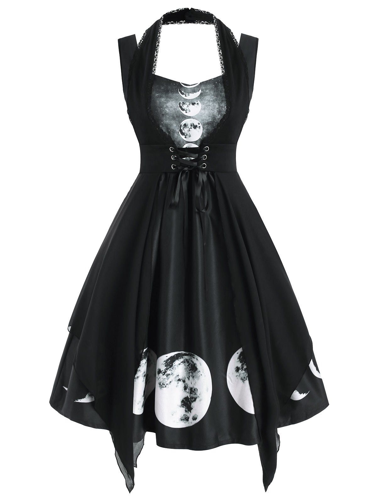 

Sweetheart Lunar Eclipse Print Dress with Lace Panel Corset, Black