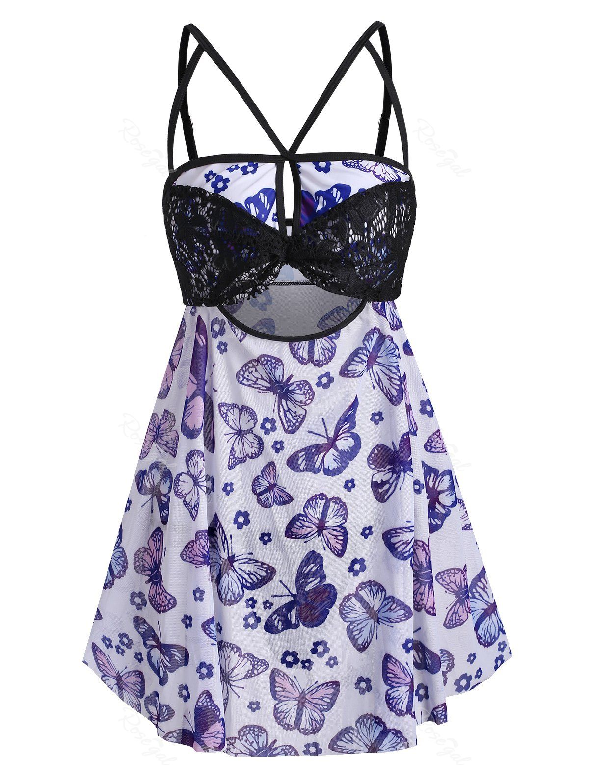 

Plus Size Lace Insert Butterfly Print Cutout Babydoll Set, White