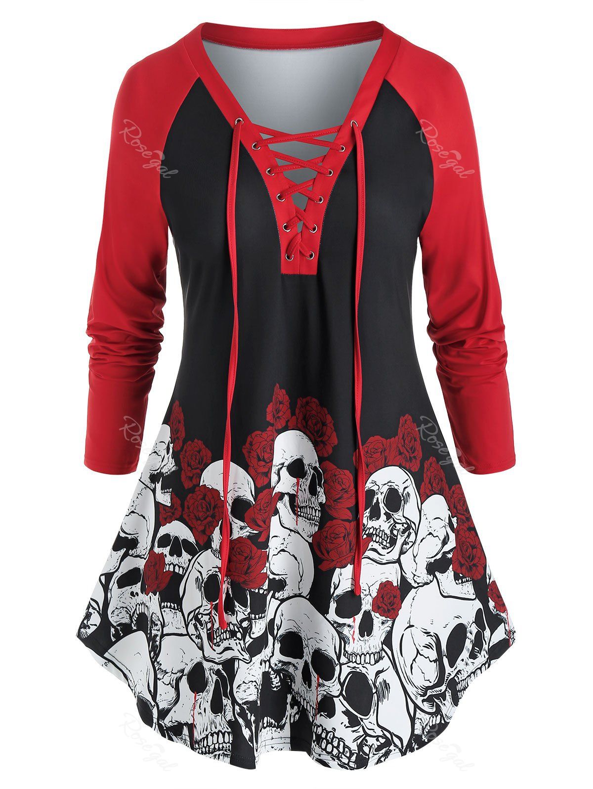 

Plus Size Halloween Skull Flower Lace-up Curved Hem Tee, Black