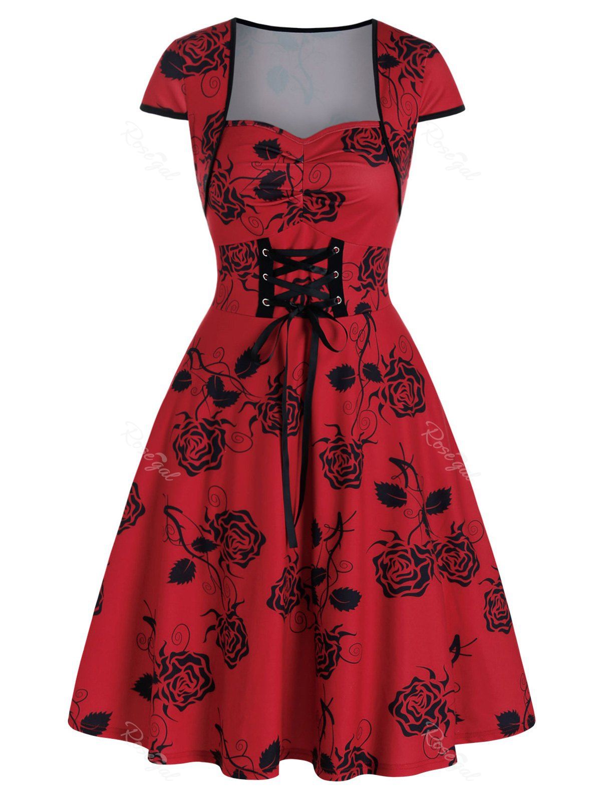 Discount Floral Print Lace Up Square Collar Mini Dress  