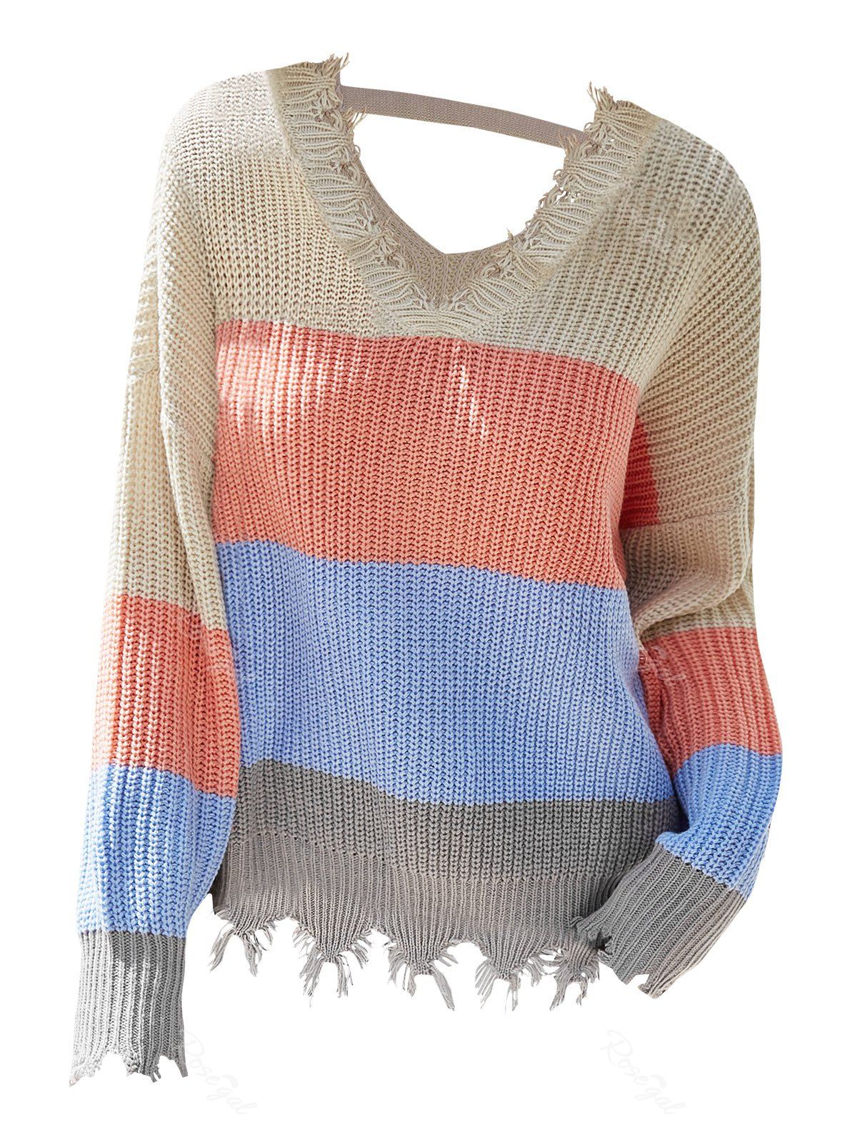 Hot Plus Size Frayed Colorblock Sweater  