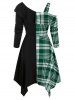 Cold Shoulder Contrast Plaid Panel Asymmetrical Dress -  