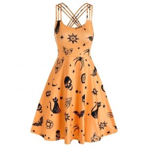 

Skull Animal Print Cami Mini Gothic Dress, Halloween orange