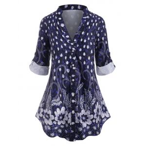 

Plus Size Floral Print Roll Up Sleeve Blouse, Deep blue
