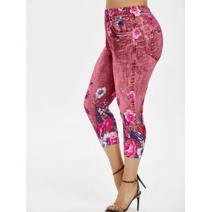 

Plus Size Flower 3D Print Capri Jeggings, Valentine red