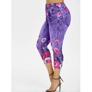 

Plus Size Flower 3D Print Capri Jeggings, Purple iris