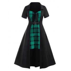 

Plus Size Bowknot Plaid Splicing Asymmetric Dress, Sea turtle green