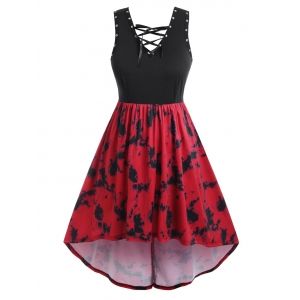 

Plus Size Tie Dye Lace Up Eyelet High Low Dress, Red