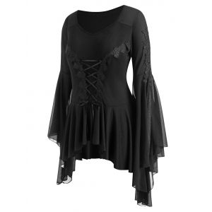 

Plus Size Lace Applique Lace-up Voluminous Sleeve Gothic Top, Black