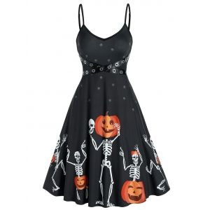 

Halloween Skeleton Pumpkin Pattern Crisscross Strap Slip Dress, Black