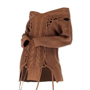 

Plus Size Off The Shoulder Lace Up Sweater, Coffee