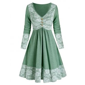 

Mock Button Flower Lace Panel Flare Dress, Sea green