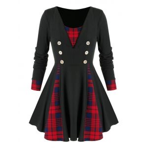 

Plus Size Plaid Sailor Button Skirted Tunic Tee, Black
