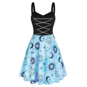 

Metal Chain Starry Print Mini Cami Dress, Black