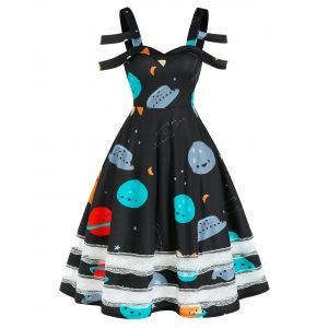 

Cartoon Planets Print Lace Insert Cold Shoulder Dress, Black