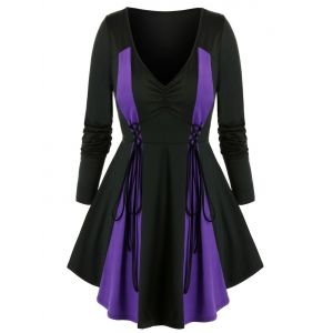 

Plus Size Two Tone Lace-up Long Sleeve Tunic Tee, Black