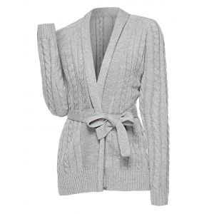 

Plus Size Cable Knit Belted Cardigan, Gray