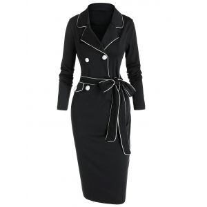 

Contrast Piped Lapel Collar Belted Bodycon Dress, Black