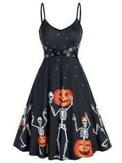 Robe d'Halloween à Bretelle Croisée Motif de Squelette Citrouille - BLACK - M