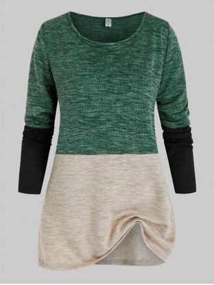 Plus Size Contrast Colorblock Ribbed Tunic Sweater