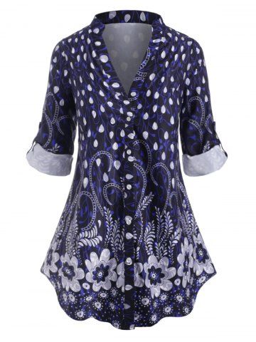 Plus Size Floral Print Roll Up Sleeve Blouse - DEEP BLUE - 1X