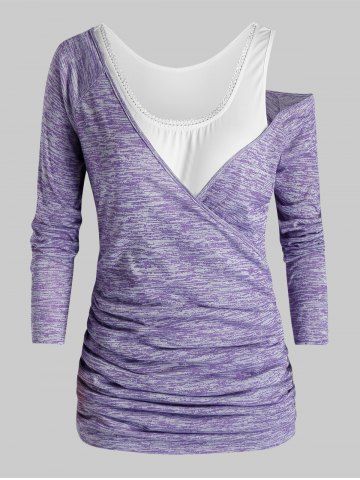 Plus Size Ruched Space Dye T-shirt and Tank Top Set - JASMINE PURPLE - 3X