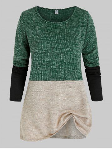 Pull Tunique Côtelé Contrasté en Blocs de Couleurs de Grande Taille - SEA TURTLE GREEN - L