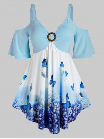 Plus Size&Curve Butterfly Floral Cold Shoulder Tunic Tee - LIGHT BLUE - 4X