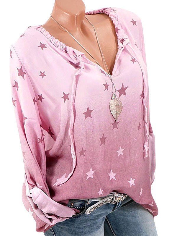 

Ruffled Ombre Star Print Long Sleeve Blouse, Light pink