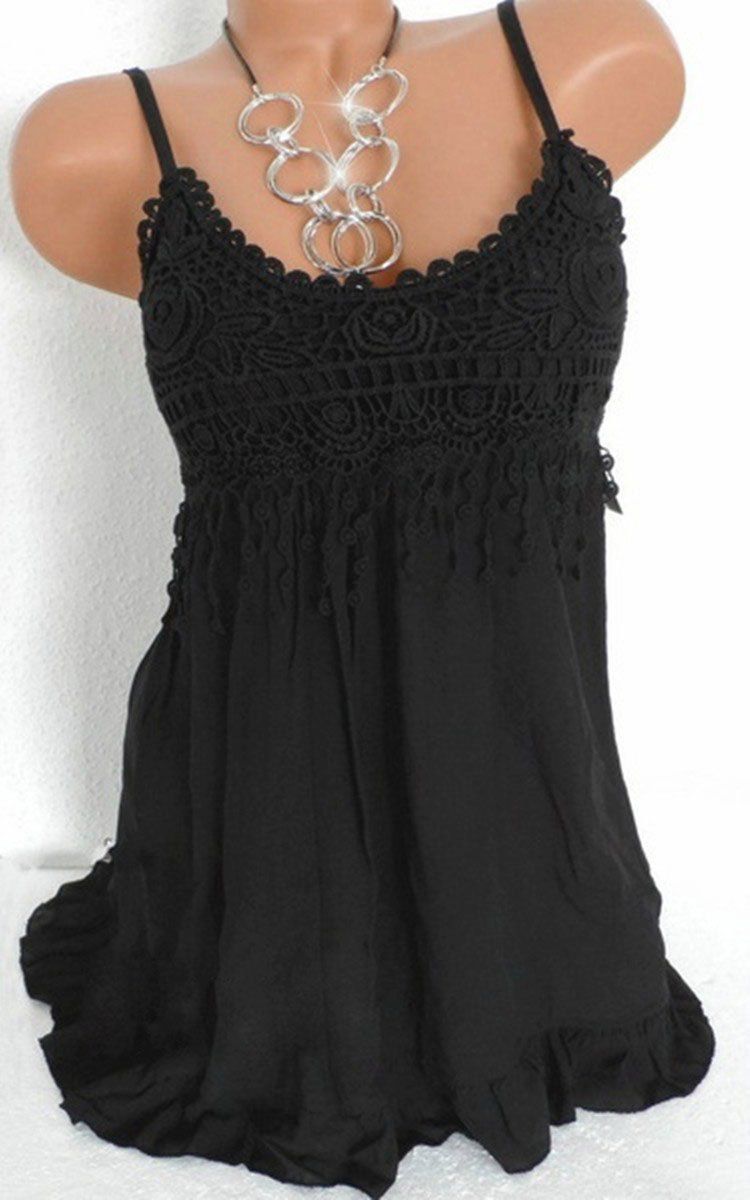 

Ruffle Hem Crochet Insert Tank Top, Black