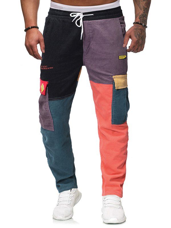 

Colorblock Flap Pockets Drawstring Casual Corduroy Pants, Multi-a