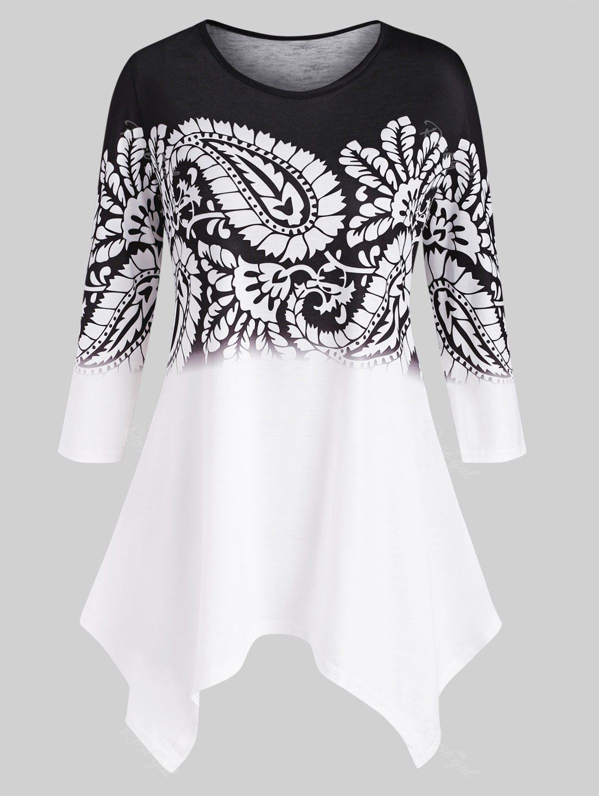 

Handkerchief Paisley Printed Plus Size Top, Black