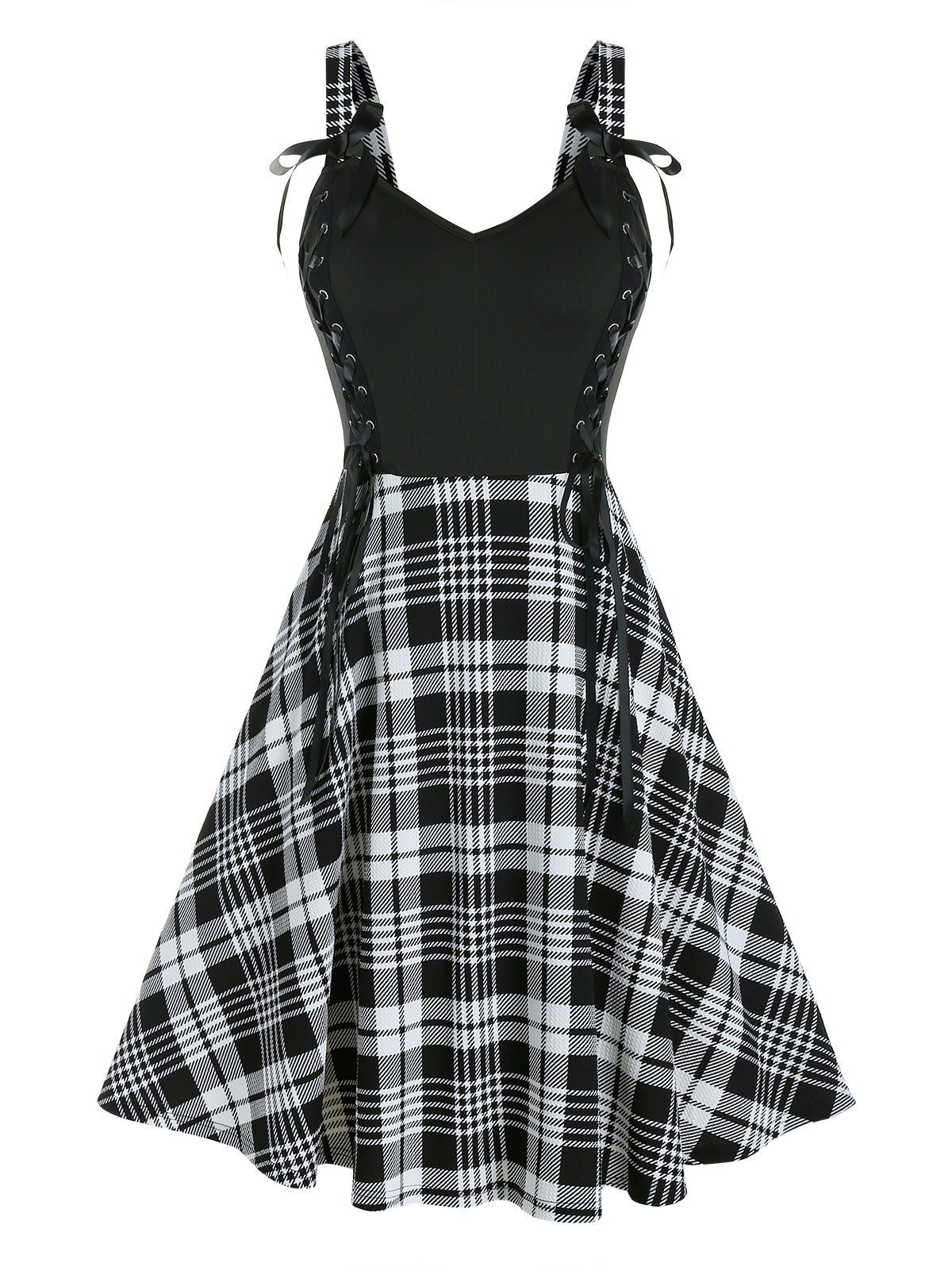 

Plus Size Plaid Lace-up Backless Bowknot Dress, Black