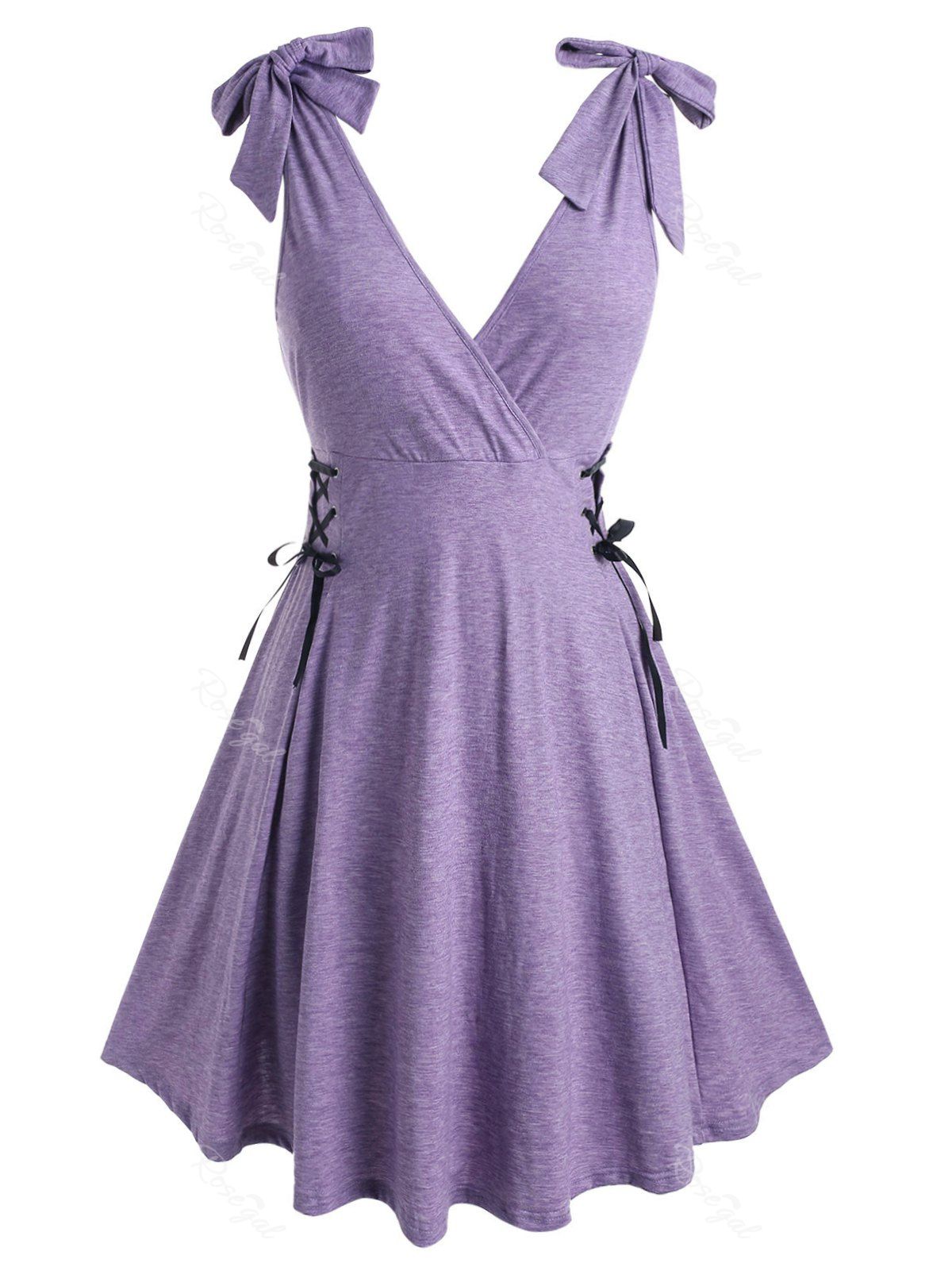 

Plus Size Lace Up Tie Shoulder Surplice Dress, Light purple