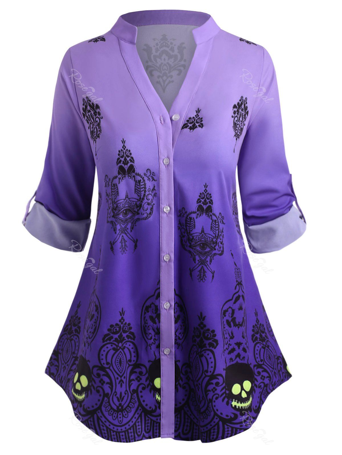 

Plus Size Halloween Tribal Print Ombre Roll Up Sleeve Top, Purple
