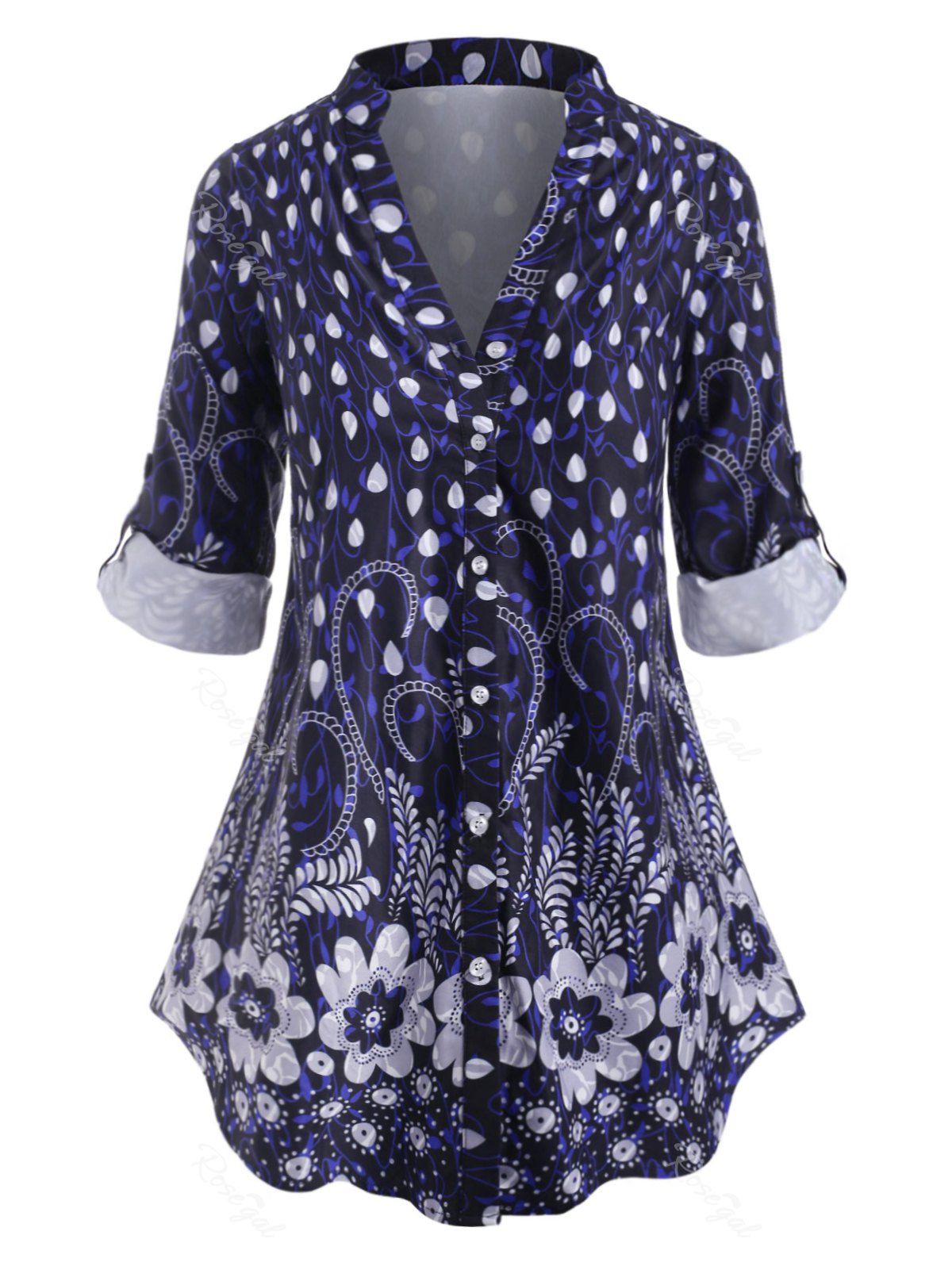 Fashion Plus Size Floral Print Roll Up Sleeve Blouse  