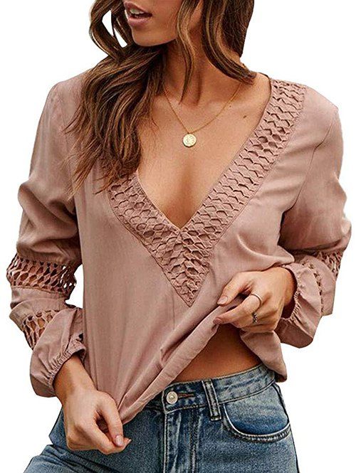 

V Neck Crochet Lace Panel Long Sleeve Blouse, Light pink