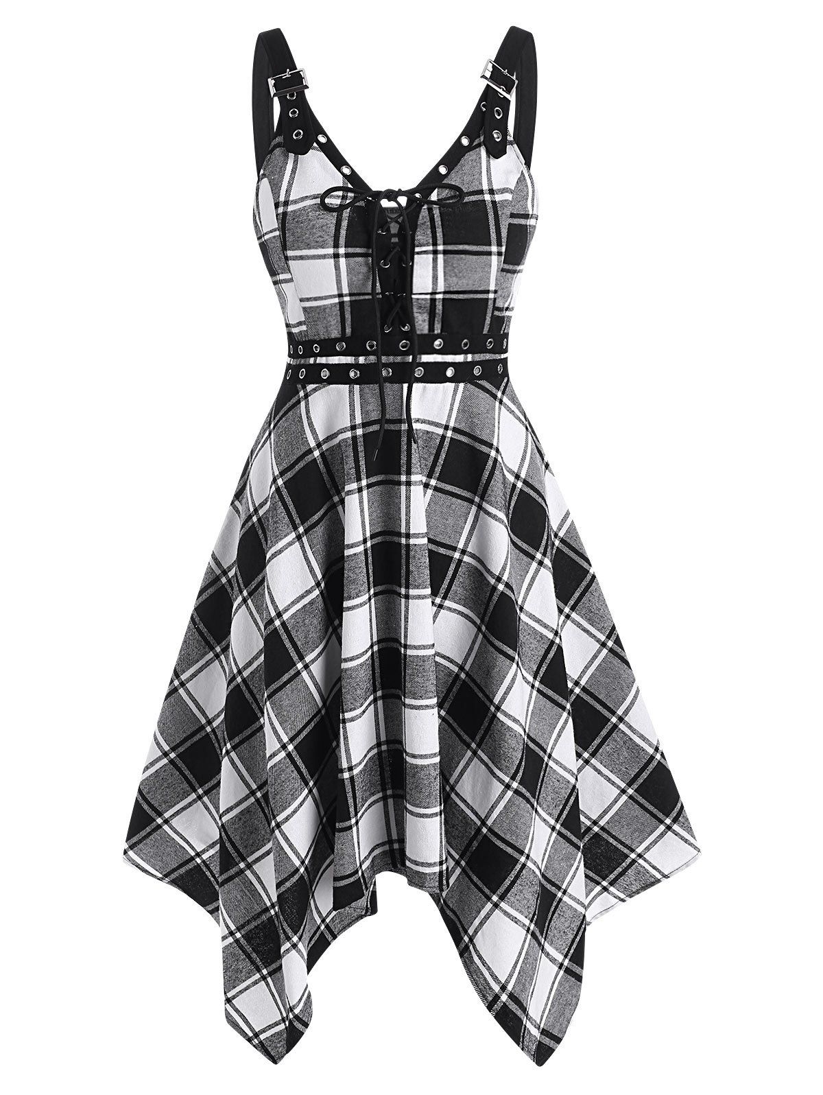 lace up plaid asymmetrical dress