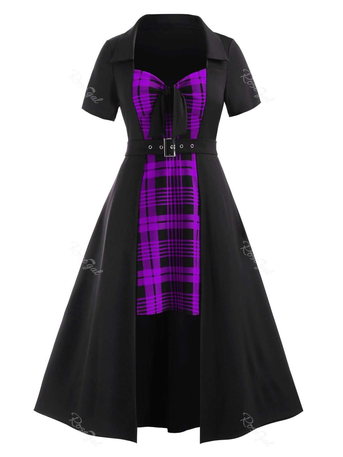 

Plus Size Bowknot Plaid Splicing Asymmetric Dress, Purple iris