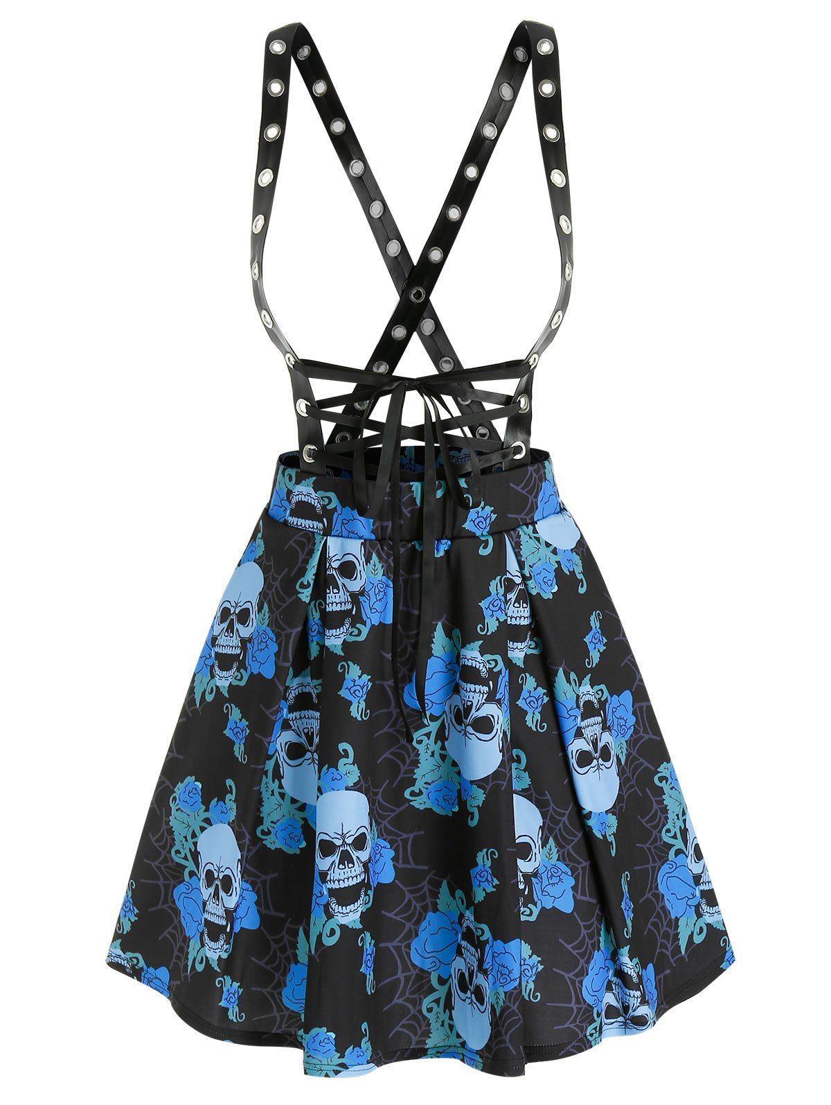 

Floral Skull Print Lace Up Suspender Skirt, Blueberry blue