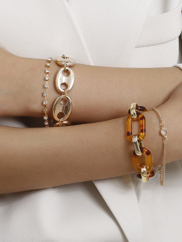 

4Pcs Rhinestone Chain Bracelet Set, Gold