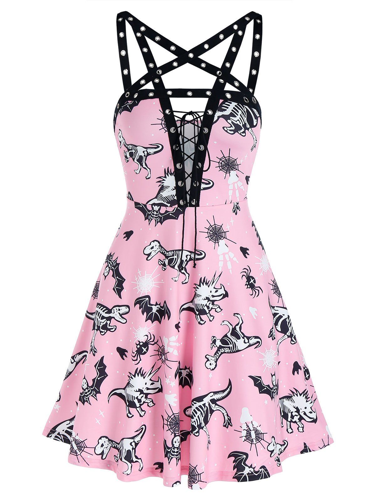 

Animal Skeleton Print Lace Up Grommet Strap Cami Dress, Pink