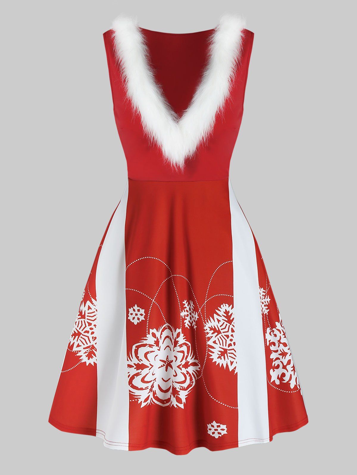 

Christmas Snowflake Print Sleeveless Faux Fur Panel Dress, Red