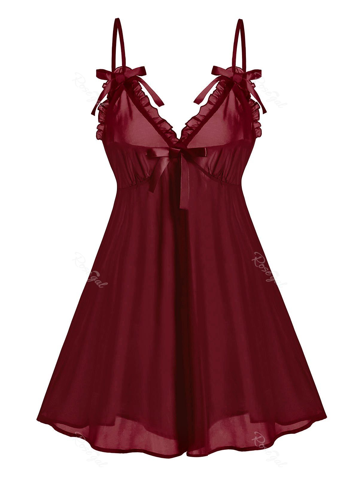 Plus Size See Through Mesh Babydoll Set, Red wine