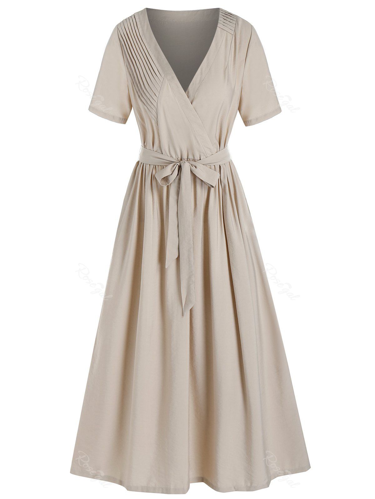 

Short Sleeve Pintuck Detail Belted Dress, Light coffee