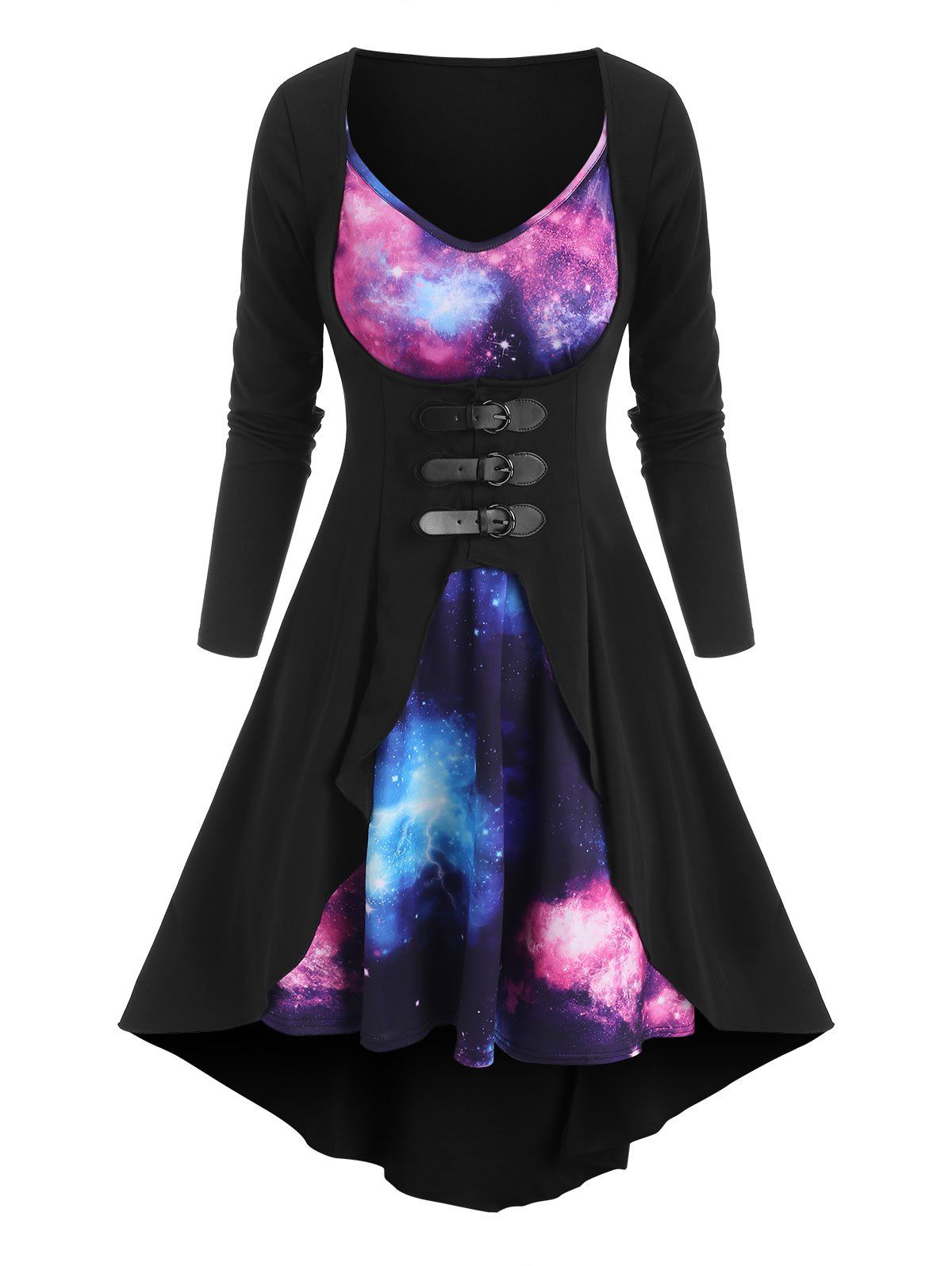 

Galaxy Print Cami Dress and Buckled Coat Set, Black