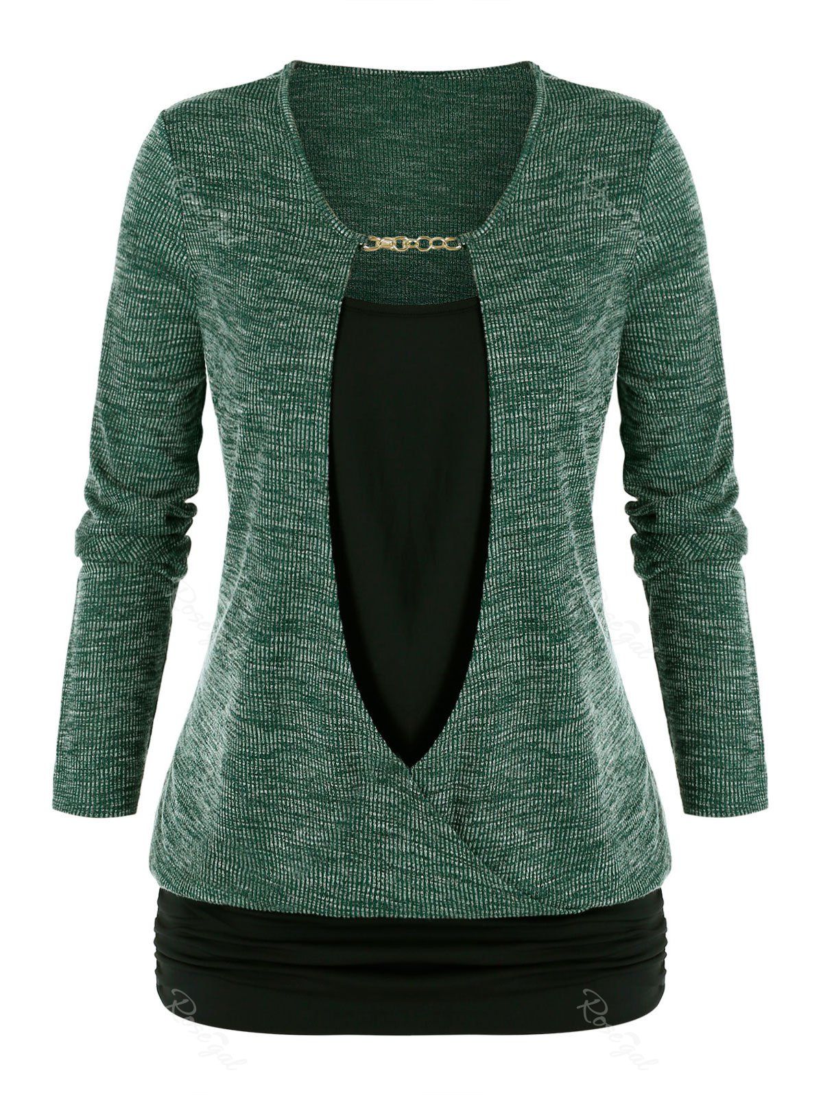 

Plus Size Chain Embellished Mixed-media Blouson Sweater, Medium sea green