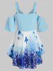 T-Shirt Tunique à Épaules Dénudées Motif Papillons et Fleurs Grande-Taille - Bleu clair 4X