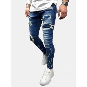 

Ripped Patchwork Scratch Long Jeans, Blue